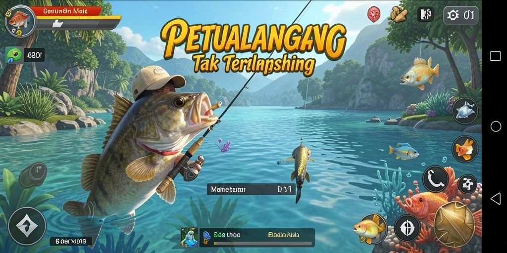 Screenshot menunjukkan aksi memancing yang menampilkan keindahan alam dan berbagai spesies ikan.
