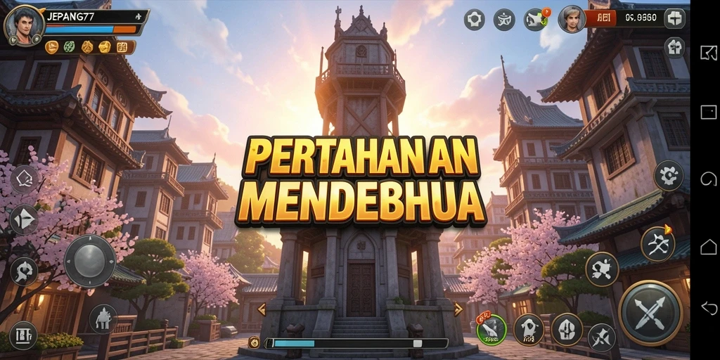Screenshot gameplay JEPANG77 menampilkan pertahanan menara yang strategis dan serangan musuh.